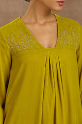 Truebrowns Lime Velvet Yoke Embroidered Kurta